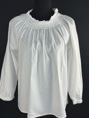 J.Crew Women’s White Smocked Ruffle Neck Blouse Long Sleeve Cotton Top M
